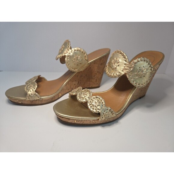 Jack Rogers Gold Leather & Cork High Heel Wedge Strap Sandals Womens Size 9.5 M - Picture 3 of 10